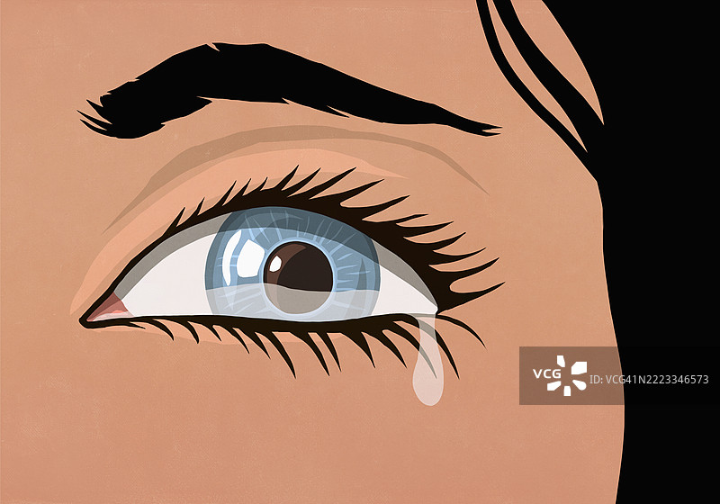 特写镜头下的女人在哭泣，泪珠从她的蓝色眼睛中滑落。图片素材