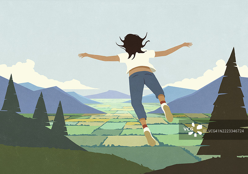 女人在梦中遐想，飞越风景如画的乡村景色图片素材