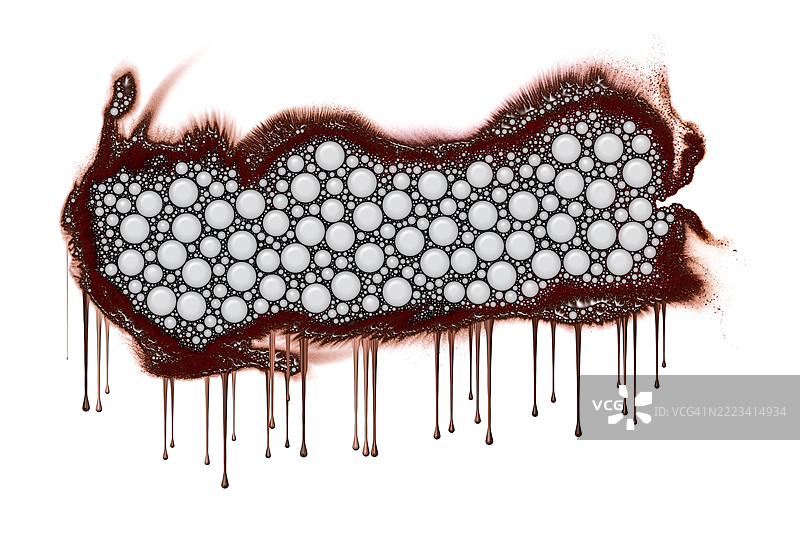 一滴红色液体带着白色气泡在白色表面上滑动并渗出。图片素材