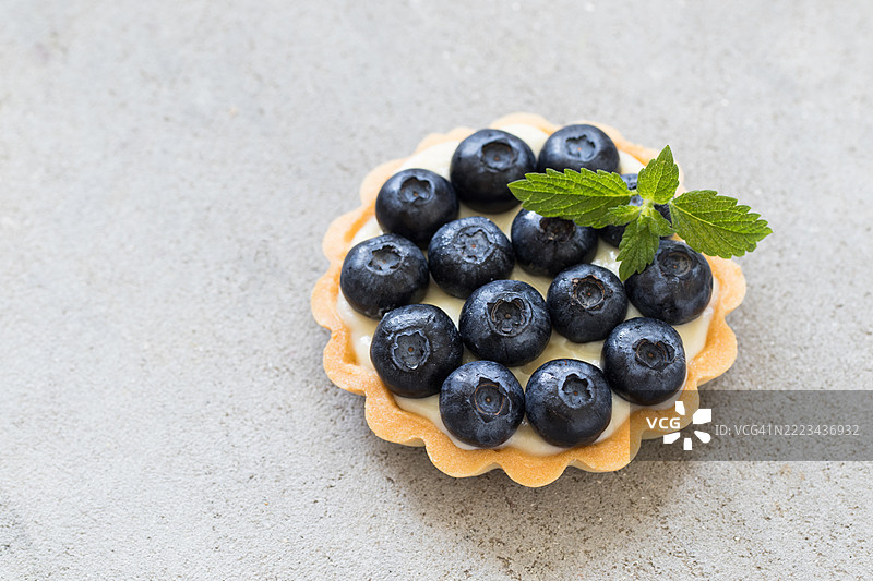 蓝莓薄荷素食塔，浅灰色背景，俯视图图片素材