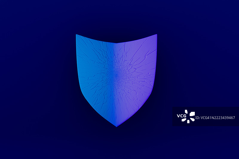 深色背景中的蓝色渐变盾牌，带有抽象裂纹纹理图片素材