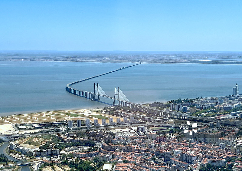 “瓦斯科·达·伽马”大桥(“Ponte Vasco da Gama”)的航拍图,跨越塔霍河,形成了一个非常宽广的河口,位于葡萄牙里斯本郊区的亚特兰大洋上。图片素材
