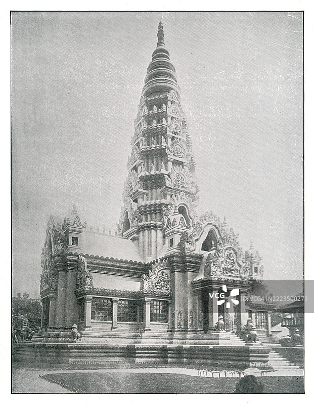 老版雕刻插图展示了吴哥宝塔，这是一座柬埔寨建筑，曾在1889年巴黎万国博览会上展出。图片素材