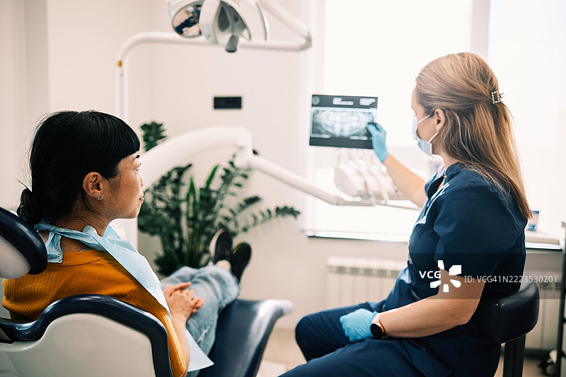 日本女性咨询多元文化牙医并查看X光片图片素材