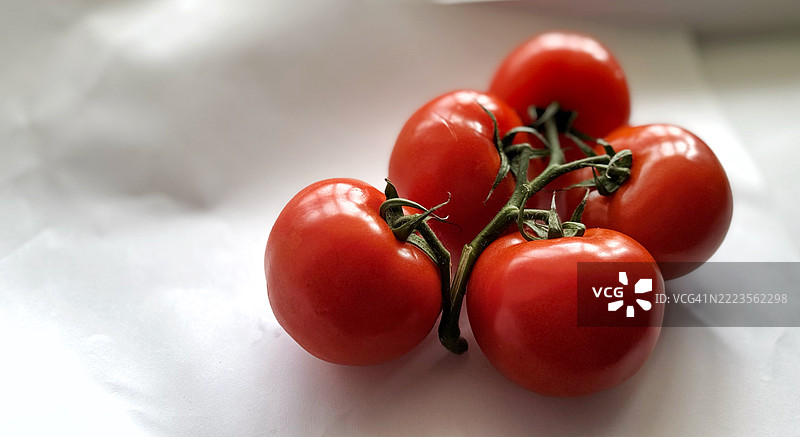 一串丰盈的樱桃番茄挂在藤上，背景为白色，展现出它们光滑的表面。图片素材