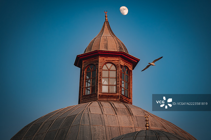 低角度视图的历史清真寺圆顶，海鸥和月亮在晴朗的蓝天背景下，土耳其埃迪尔内图片素材