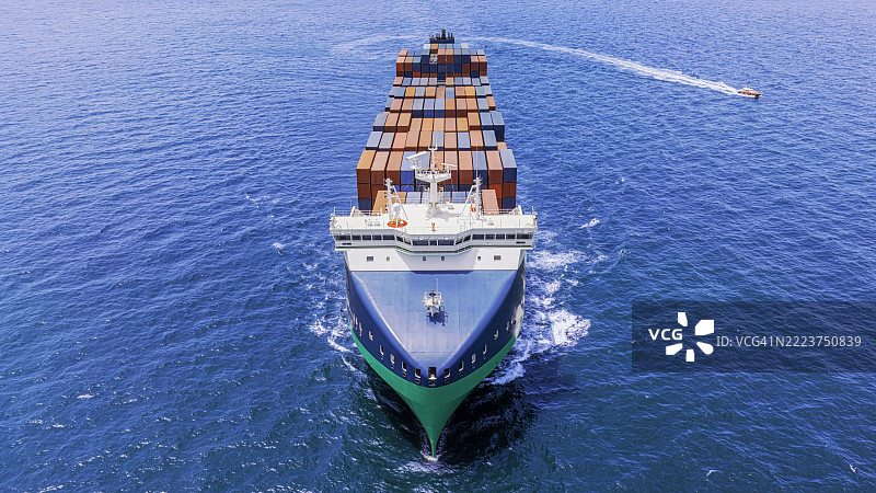 集装箱船运输货物的鸟瞰图。图片素材