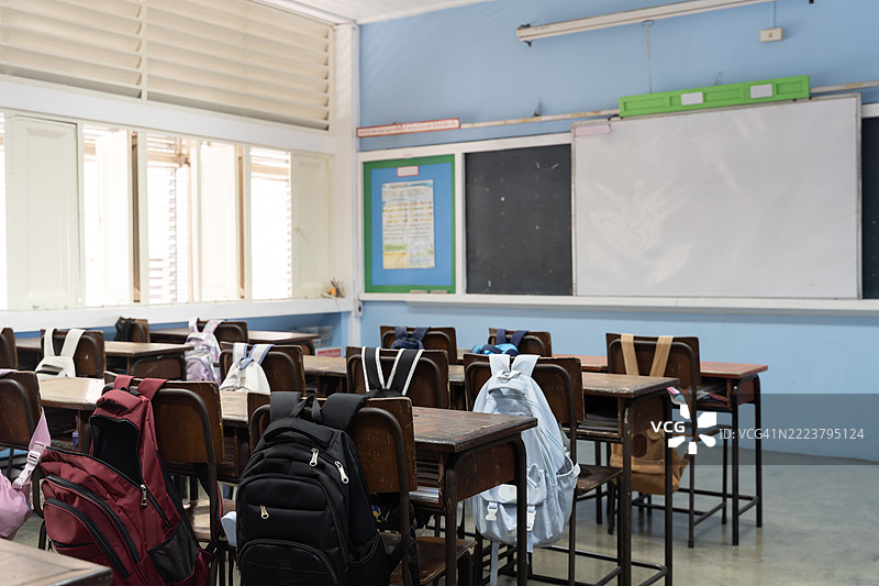 教室内部，学生的背包放在椅子上，木质课桌，黑板和明亮的自然光窗户图片素材