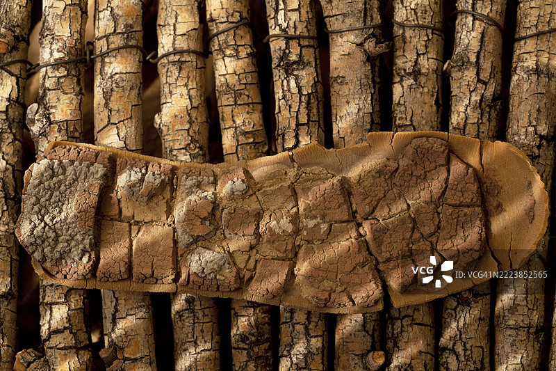 磨损、开裂的鞋底特写，背景是类似图案的木栅栏。图片素材