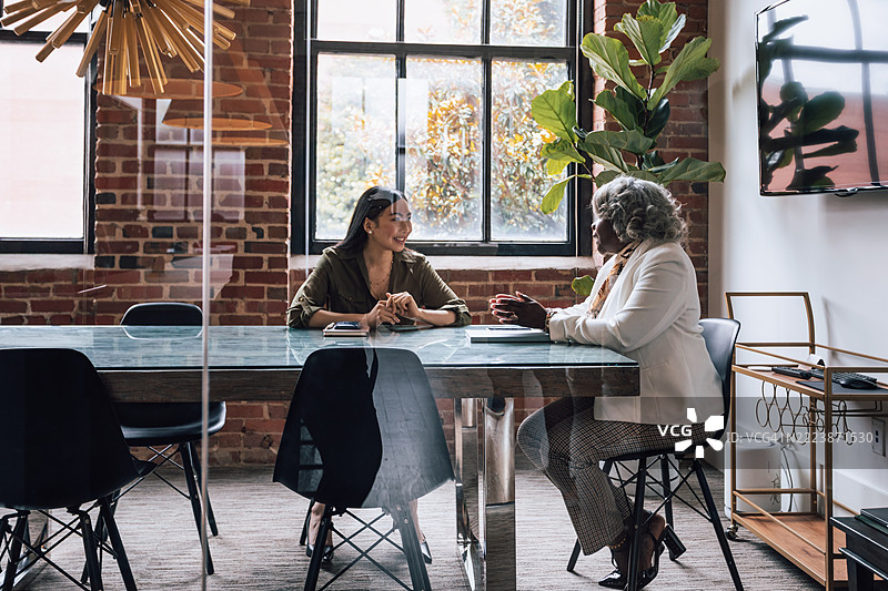 一位年长的黑人女性商人在现代会议室中面试一位年轻友好的应聘者图片素材