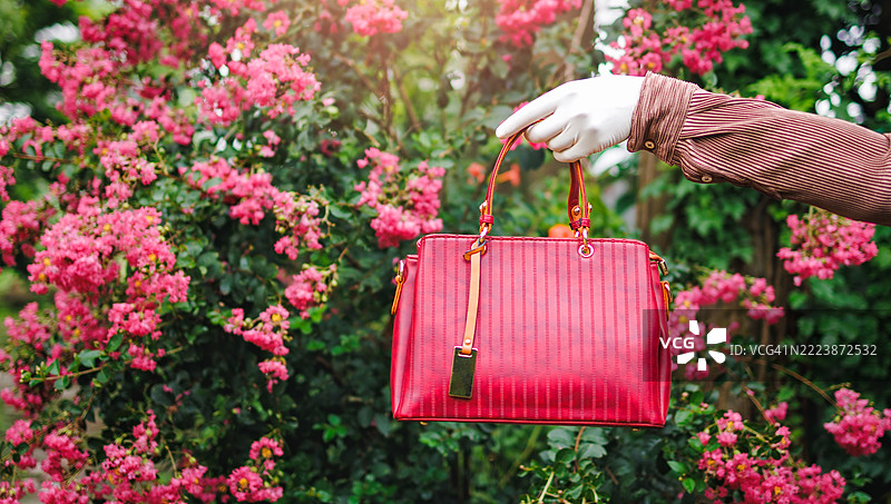 红色时尚手袋在生机勃勃的花卉环境中展示图片素材