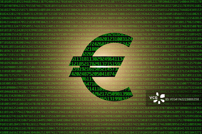 数字代码背景上的欧元符号。数字货币图片素材