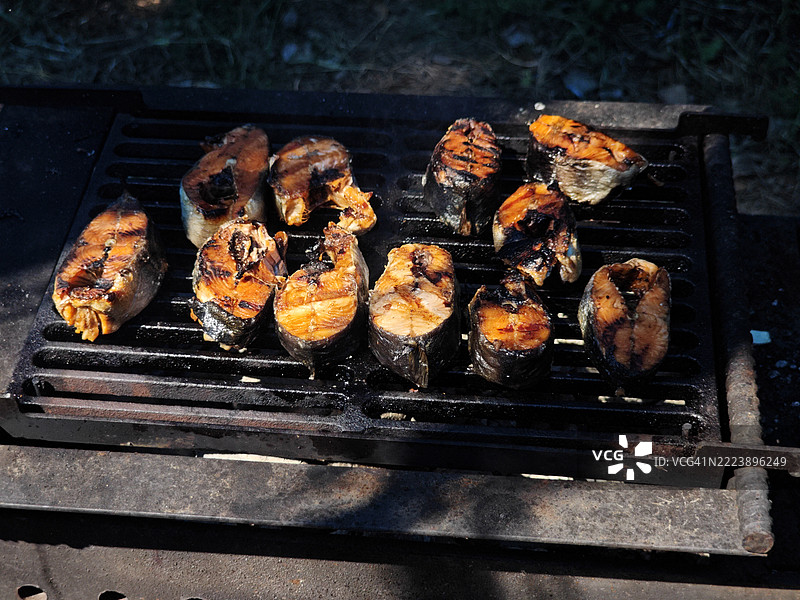 在炭火上烤红鱼。图片素材