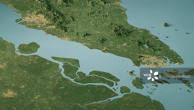 马六甲海峡卫星景观视图3D渲染彩色图图片素材