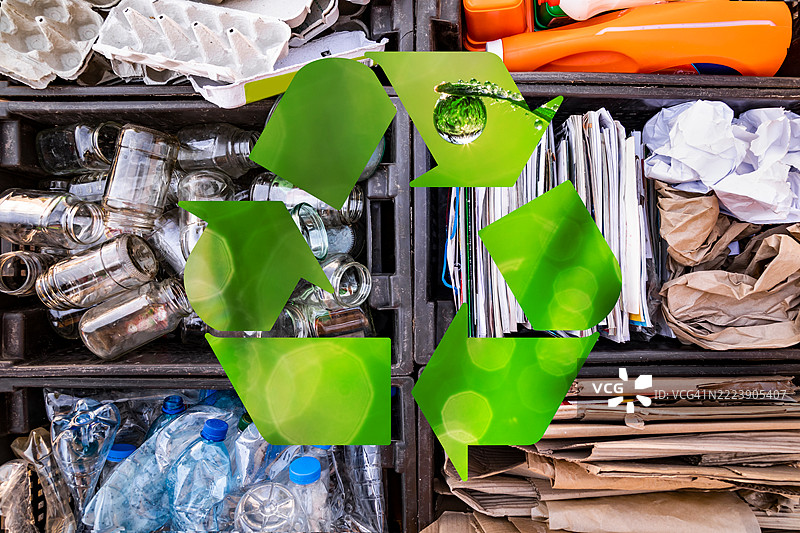 不同类型可回收物品背景下的回收标志图片素材