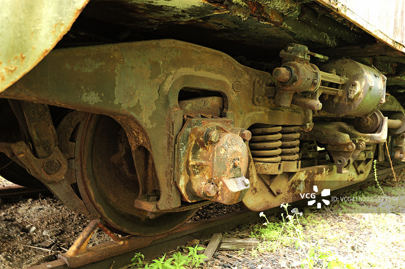 美国肯塔基州科温顿的一辆老式铁路车的悬挂和轮组装置图片素材