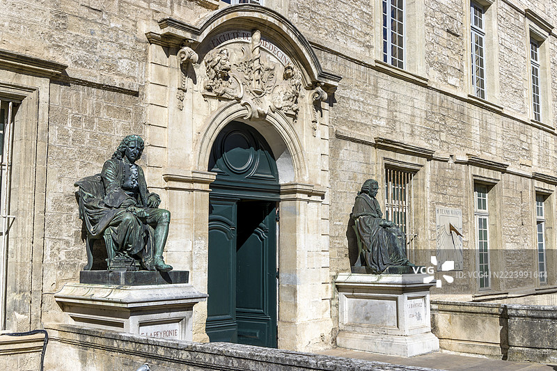 法国欧洲奥克西塔尼大区埃罗省蒙彼利埃市蒙彼利埃-尼姆医学院（蒙彼利埃大学）前圣皮埃尔街的雕塑图片素材