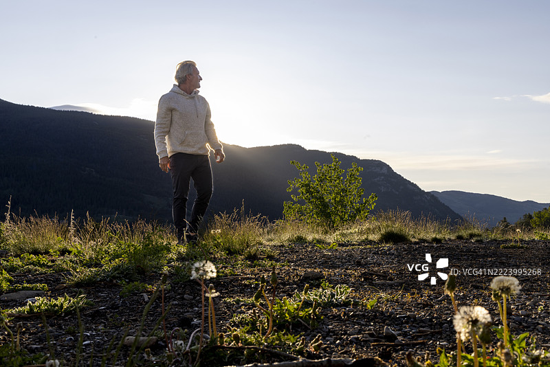 成熟男性在黎明时分走过山间草甸图片素材