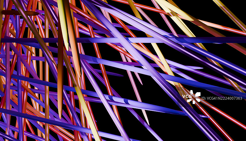 色彩斑斓的线条在黑色背景上形成抽象而生动的构图图片素材