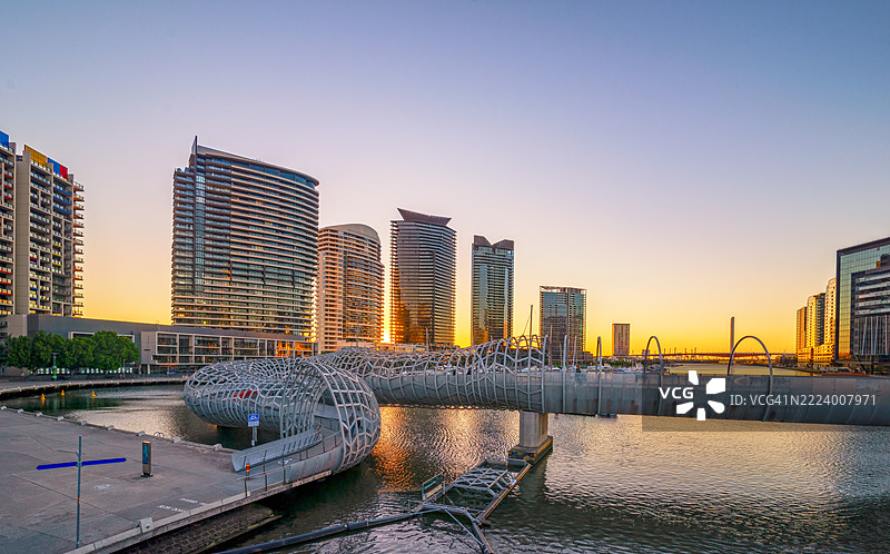 墨尔本，维多利亚州，澳大利亚的城市建筑在日落时的景观图片素材