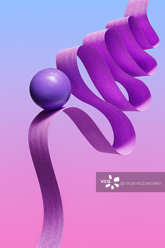 紫色球体在波浪形丝带上平衡，背景为渐变色。图片素材