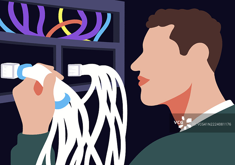 数据中心内IT技术人员与网络电缆工作的插图，突出连接性和服务器基础设施图片素材