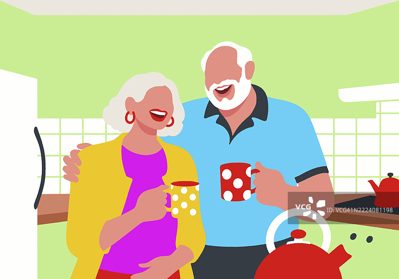 一对快乐的老年夫妇在厨房里一起享用咖啡或茶。愉快的退休生活方式和家庭陪伴。图片素材