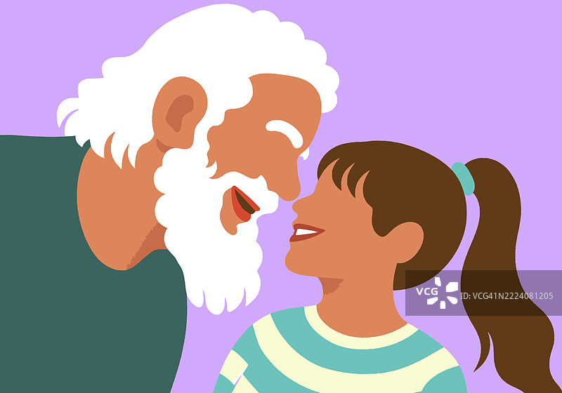 一位慈爱的祖父与他的 granddaughter 共享快乐而亲密的时刻，他们的脸贴得很近，突显了他们之间强烈的代际纽带。图片素材