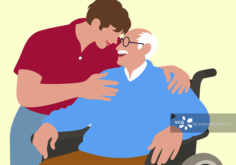 一位富有同情心的年轻人向坐在轮椅上的老人提供关爱和支持，分享着温暖而亲切的时刻。图片素材