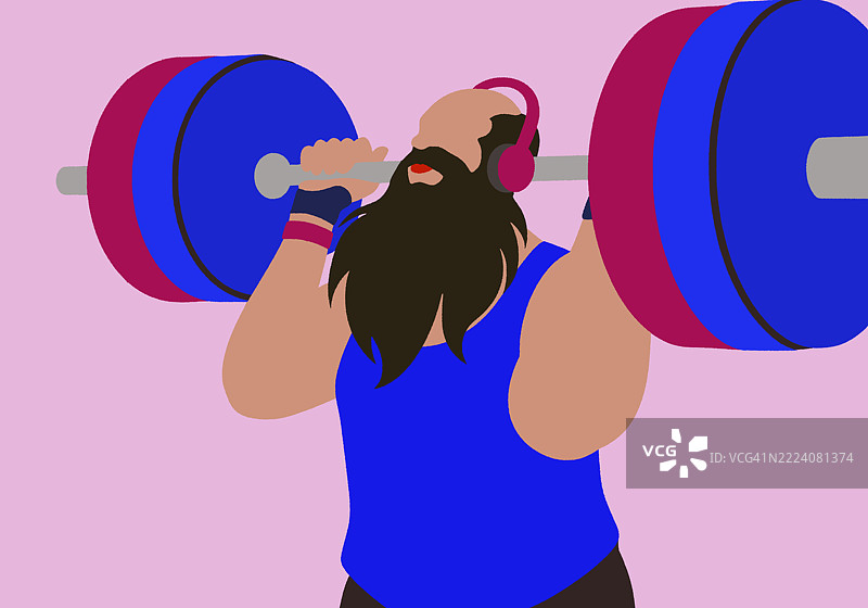 戴着耳机的男性举重运动员在粉色背景下举起杠铃。插图图片素材