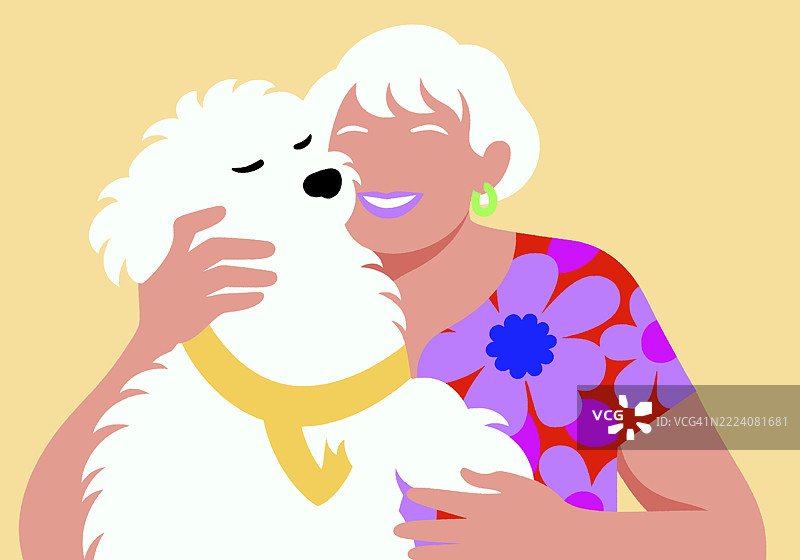 一位快乐的老年女性与她毛茸茸的白色狗狗分享着温暖的拥抱，展现了陪伴与爱的动人场景。图片素材
