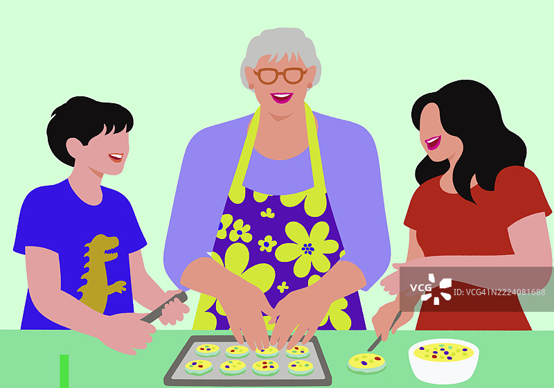 三个人在色彩缤纷的厨房里一起烤饼干，开心地微笑。插图图片素材