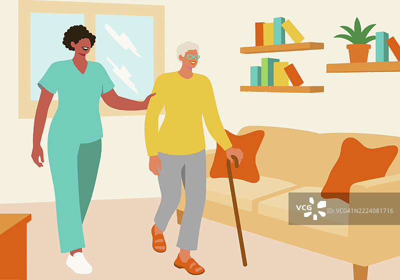 一位护理人员在家中的客厅环境中帮助一位使用拐杖的老人行走。支持性的老年护理。图片素材
