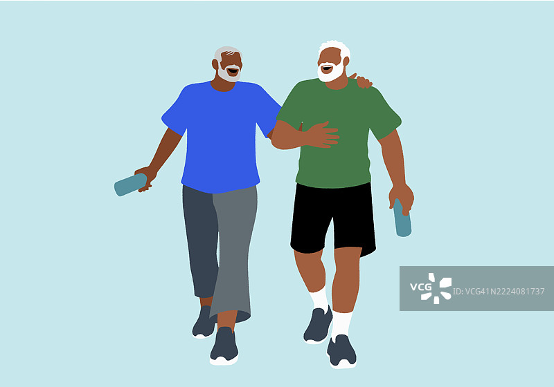 两位老年朋友愉快地一起散步，分享欢笑并保持水分，体现了友谊和活力。图片素材