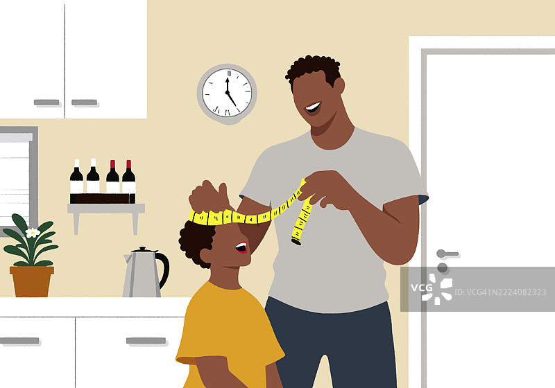 家长在现代厨房里用卷尺测量孩子的身高。插图图片素材