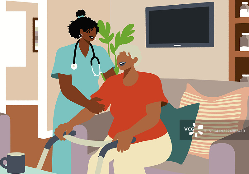 护士在温馨的客厅环境中帮助使用助行器的老年女性。插图图片素材