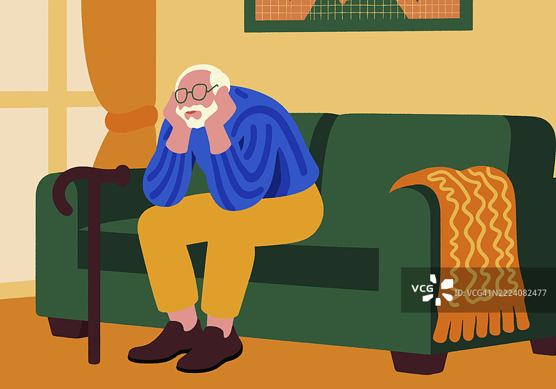 孤独的老年男子坐在沙发上，神情焦虑而沉思，双手托着头，旁边放着拐杖。图片素材