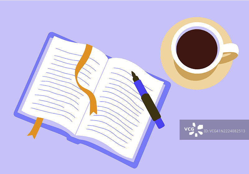 打开的书上有一条橙色丝带，旁边放着一支蓝色钢笔和一杯咖啡，背景为浅紫色。插图图片素材