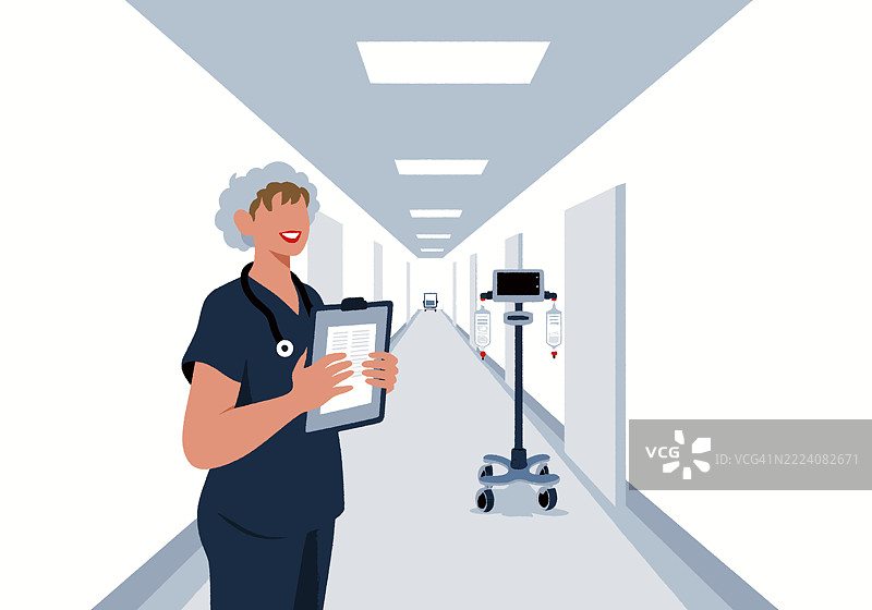 一位医疗专业人员在医院走廊里手持夹板，旁边有设备。插图图片素材