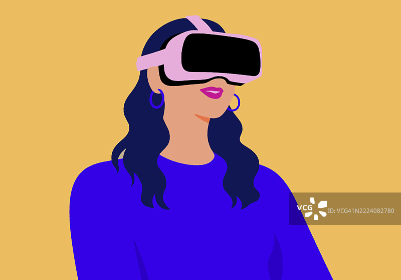 长发女性佩戴虚拟现实头盔，背景为明亮的黄色。插图图片素材