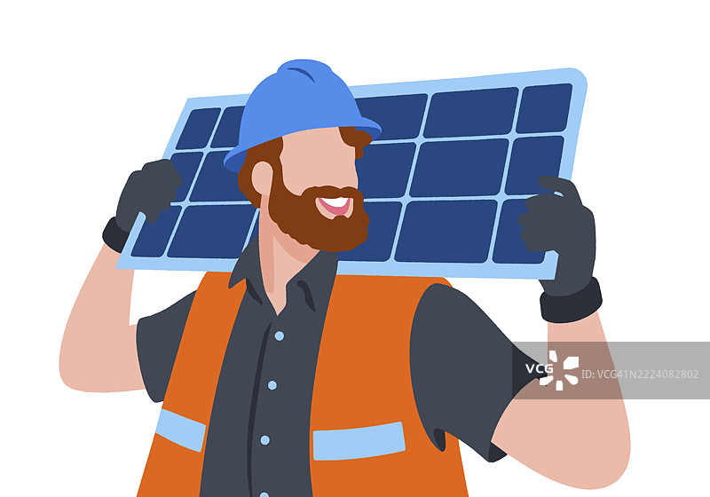 穿着防护装备的工人自信地微笑着，肩上扛着太阳能板。插图图片素材