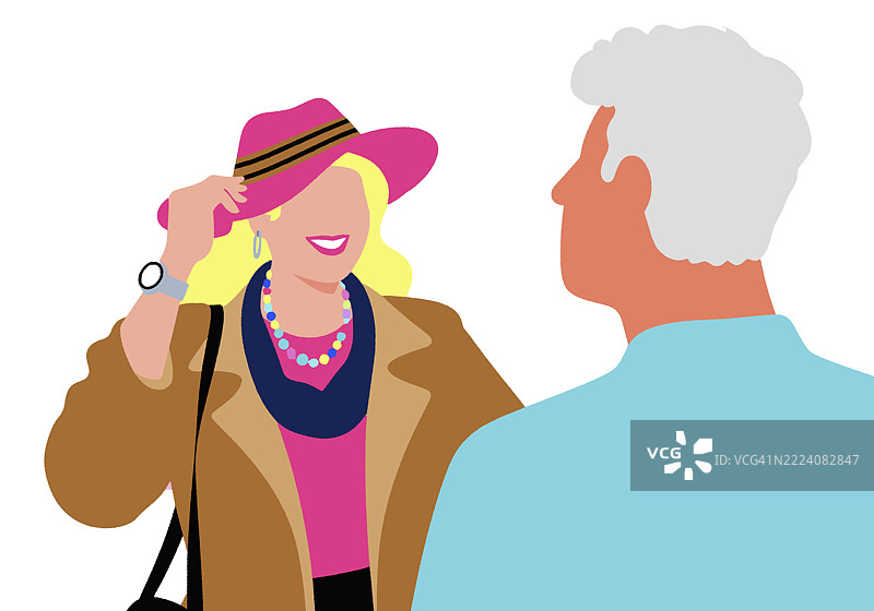 两个人正在交谈的彩色插图，其中一个人戴着粉色帽子。图片素材