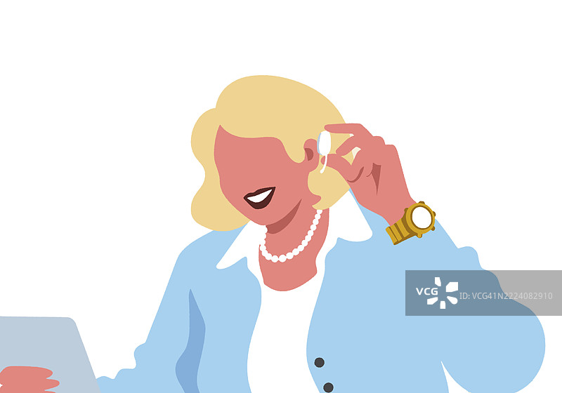 穿着蓝色西装、使用平板电脑并佩戴耳机的女商人插图图片素材