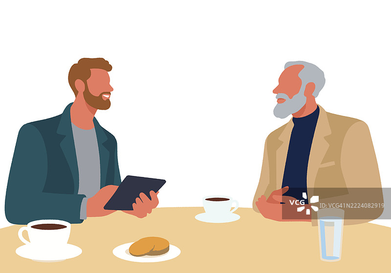 两名男子坐在一张桌子旁，桌上有咖啡、平板电脑和一盘饼干，环境简约。插图图片素材
