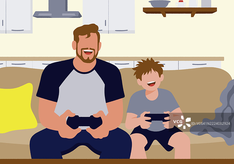 一位动画父亲和儿子快乐地在客厅沙发上玩视频游戏。插图图片素材
