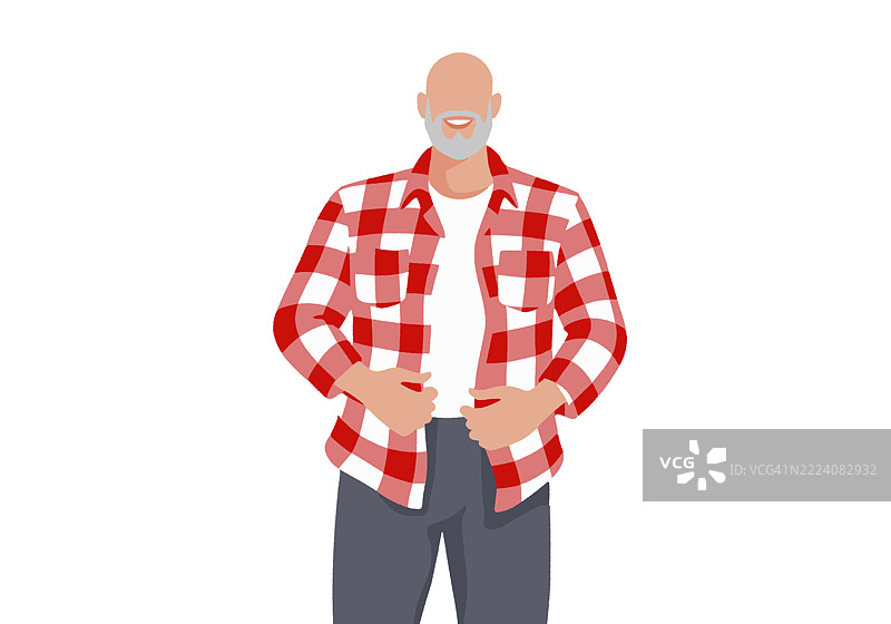 穿着白色T恤和红色格子衬衫的光头男子，背景为白色。插图图片素材