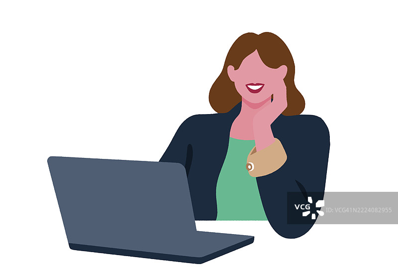 白色背景上微笑的人与笔记本电脑的插图。图片素材