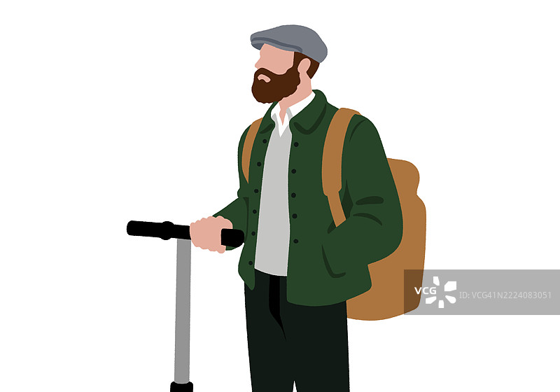 背着背包、戴着帽子的男子骑着滑板车，穿着绿色夹克和白色衬衫。插图图片素材