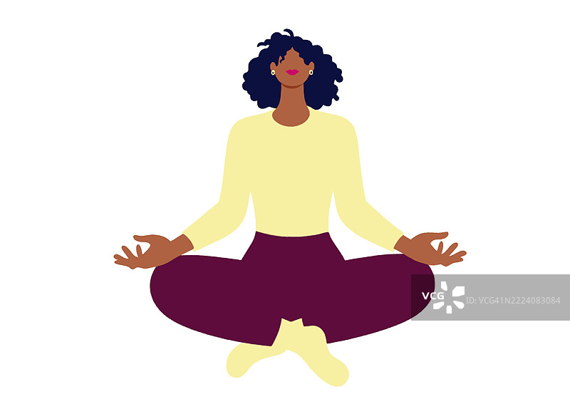 一位女性盘腿冥想的插图，背景为白色。图片素材