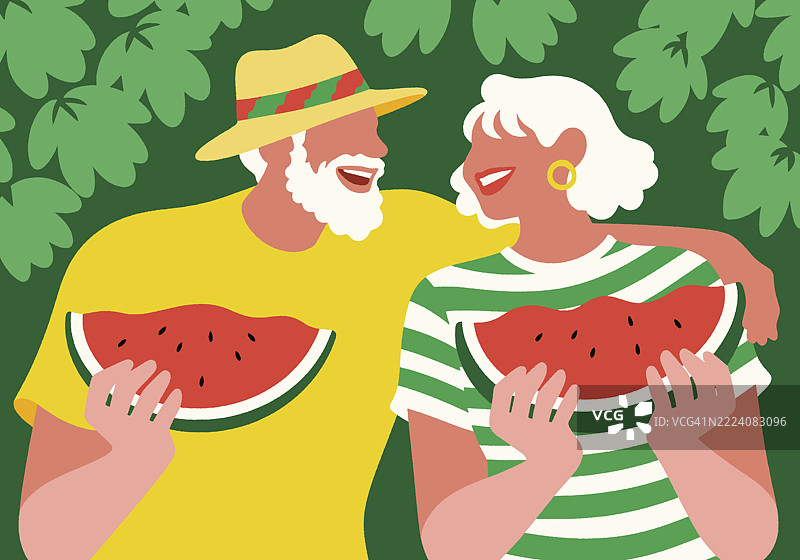 微笑的情侣穿着夏季服装，手持西瓜片，周围环绕着郁郁葱葱的叶子。插图图片素材